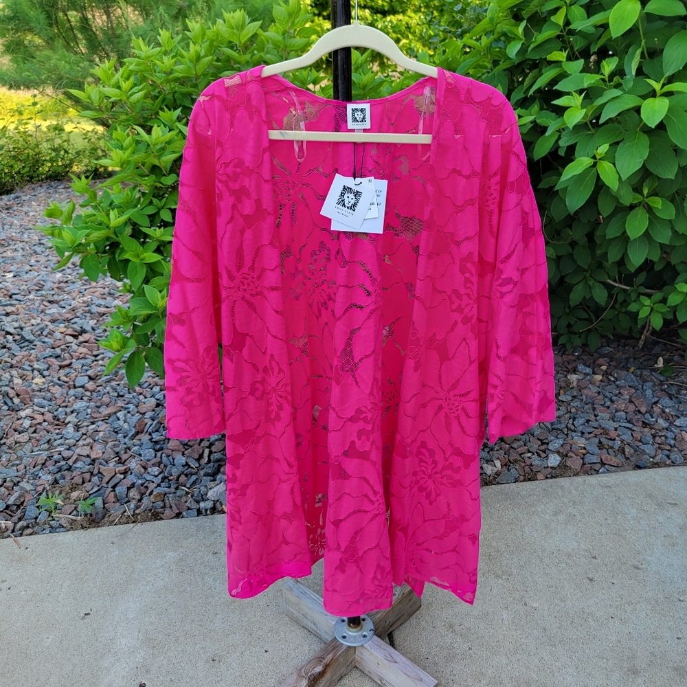 Anne Klein floral embroidered duster Pink Pansy One Size